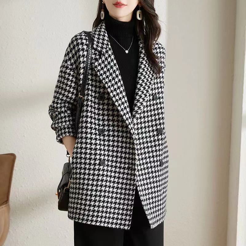 Plaid Woolen Chic Wool Thigh-Length Mac Coat