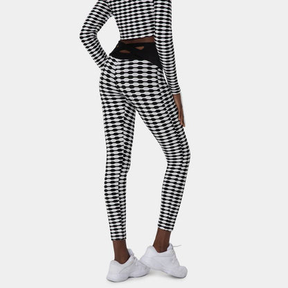 High-Waisted Yoga Black And White Jacquard Plaid Sports Fitness Running Sports Pants