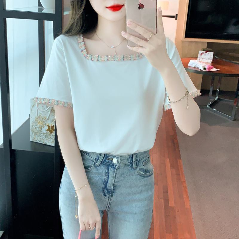 Pure Cotton Pullover Anti-Aging Slimming Square Collar Color-Blocking Loose Fit Classic Blouse