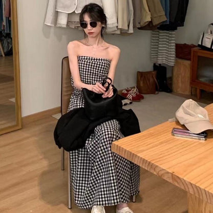 Suit Plaid Irregular Chic Strapless French Style Black And White Dress