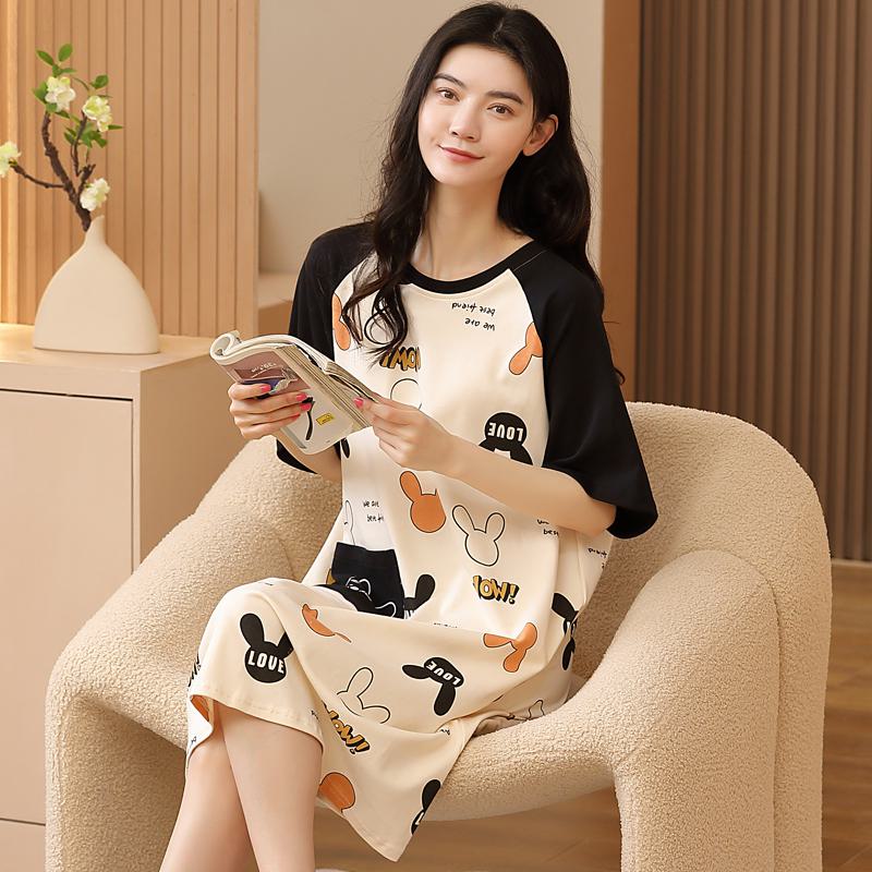 Black And White Letter Tightly Woven Pure Cotton Bunny Lounge Dress
