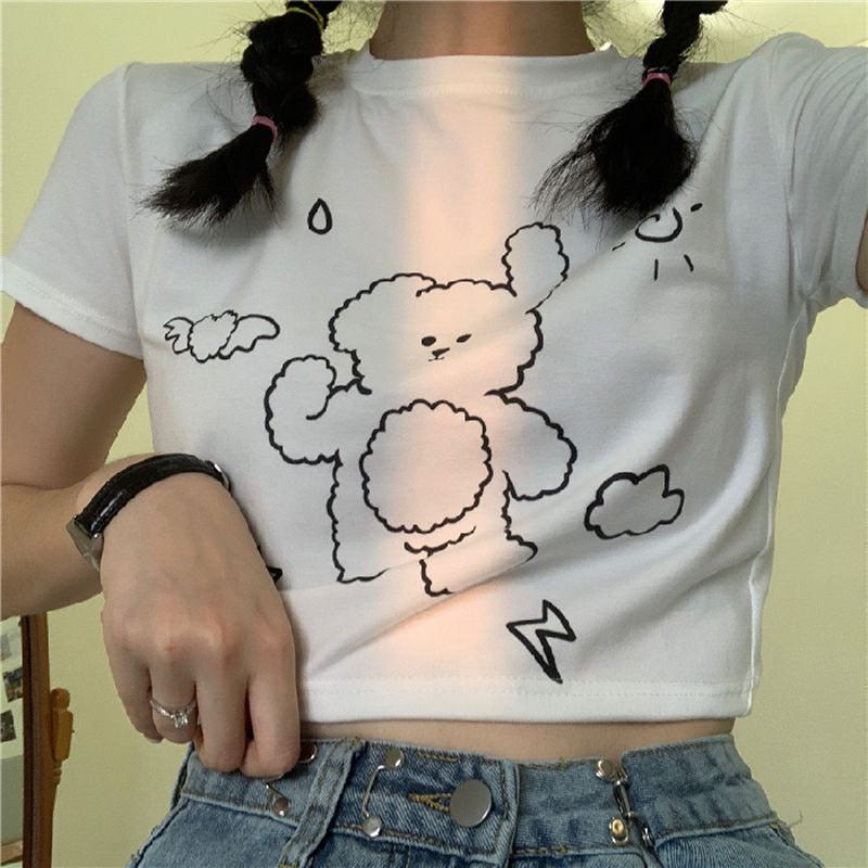 Kurzärmeliges Bauchfreies T-Shirt mit hochgeschnittenem Bärenmuster