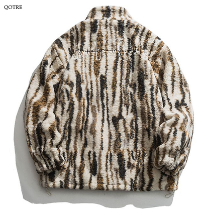 Loose Fit Thickened Zebra Pattern Patch Pocket Stand-Up Collar Fleece Jacket