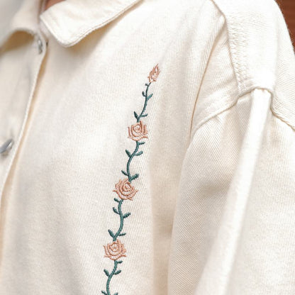 Flower Embroidery Loose Fit Washed Denim Jacket