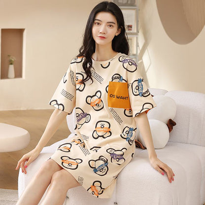 Letter Cartoon Tightly Woven Pure Cotton Bear Pattern Lounge Dress