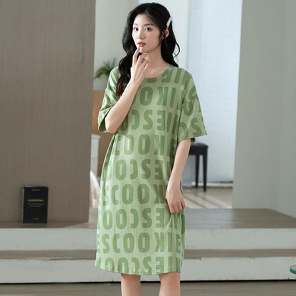 Pure Cotton Letter Round Neck Pullover Green Lounge Dress