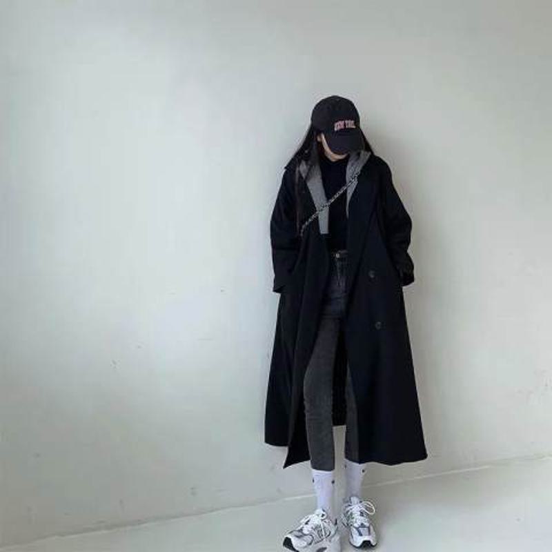 Full-Length Loose-Fit Faux Two-Piece Thickened Woolen Overcoat