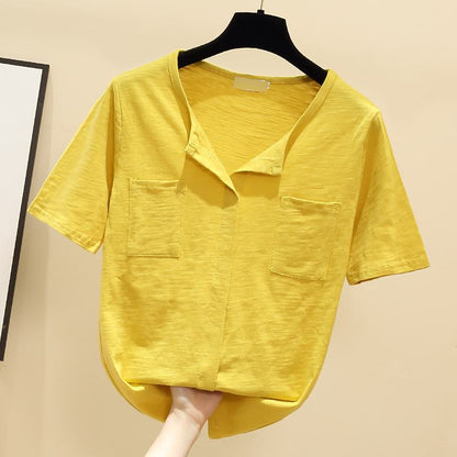 ジョイント竹ルーズフィットピュアコットン多目的パッチポケットニッチソリッドカラーVネック半袖Tシャツ