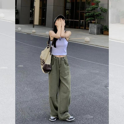 Slimming Green Washed Out Loose Fit Straight High-Waisted Retro Jeans
