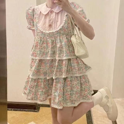 Pink Collar Bubble Sleeve Floral Print Pleated Dress