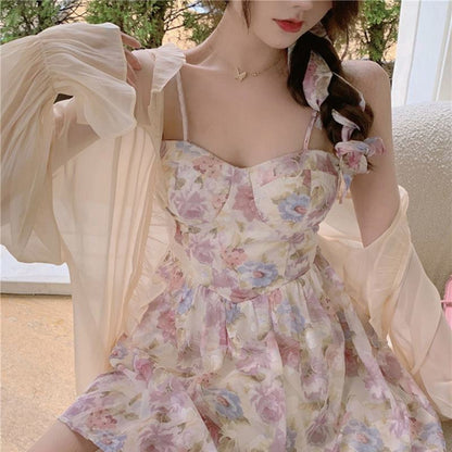 Gentle Plus Sun Protection Floral Print Chiffon French Style Two-Piece Set Dress