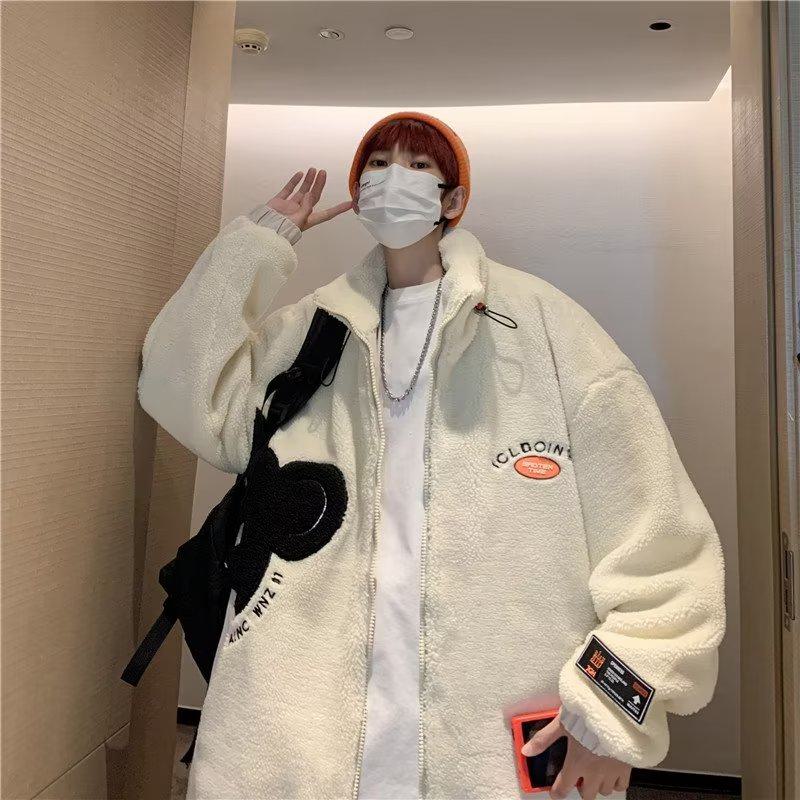Abrigo de Felpa con Bordado de Estilo Harajuku y Cuello de Solapa a la Moda