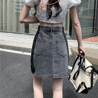 Ash Gray A-Line Retro Patchwork Color Blocking Versatile High-Waisted Bodycon Denim Skirt
