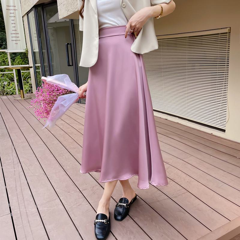 High-Waisted Elastic Full Skirt Style Satin Skirt