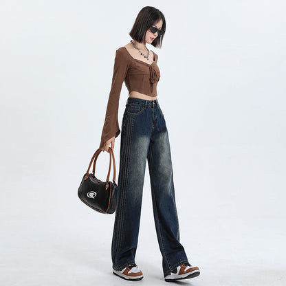 Straight Leg Draping Retro High-Waisted Jeans