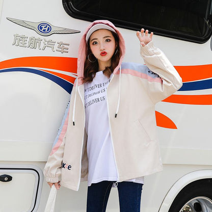Preppy Style Color Blocking Loose Fit Raincoat Hooded Jacket