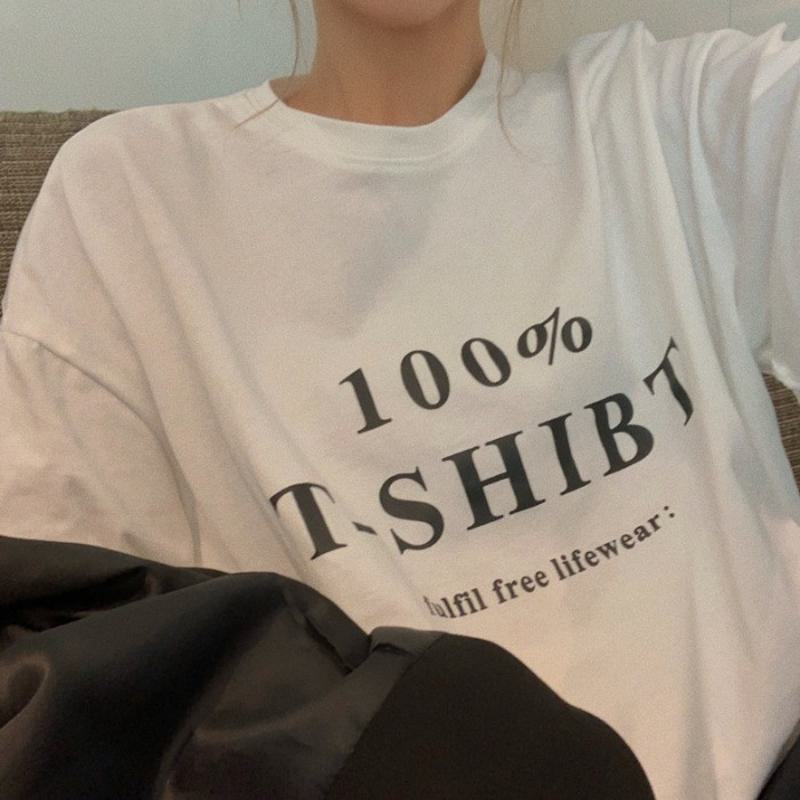 Camiseta de manga corta midi suelta de algodón puro con letras