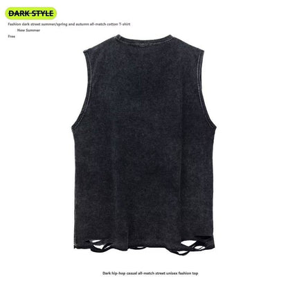 Distressed Loose Fit Sleeveless Street Style Round Neck Black Tank Top