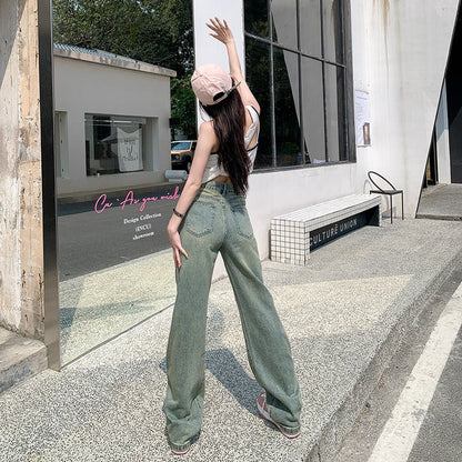 High-Waisted Floor-Length Loose Fit Worn-Out Look Retro Straight Wide-Leg Jeans