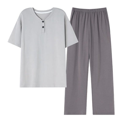 Button Solid Color Short Sleeves Gray Lounge Set