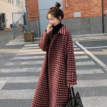 Full-Length Loose Fit Wool Thickened Plaid Cinched Waist Overcoat
