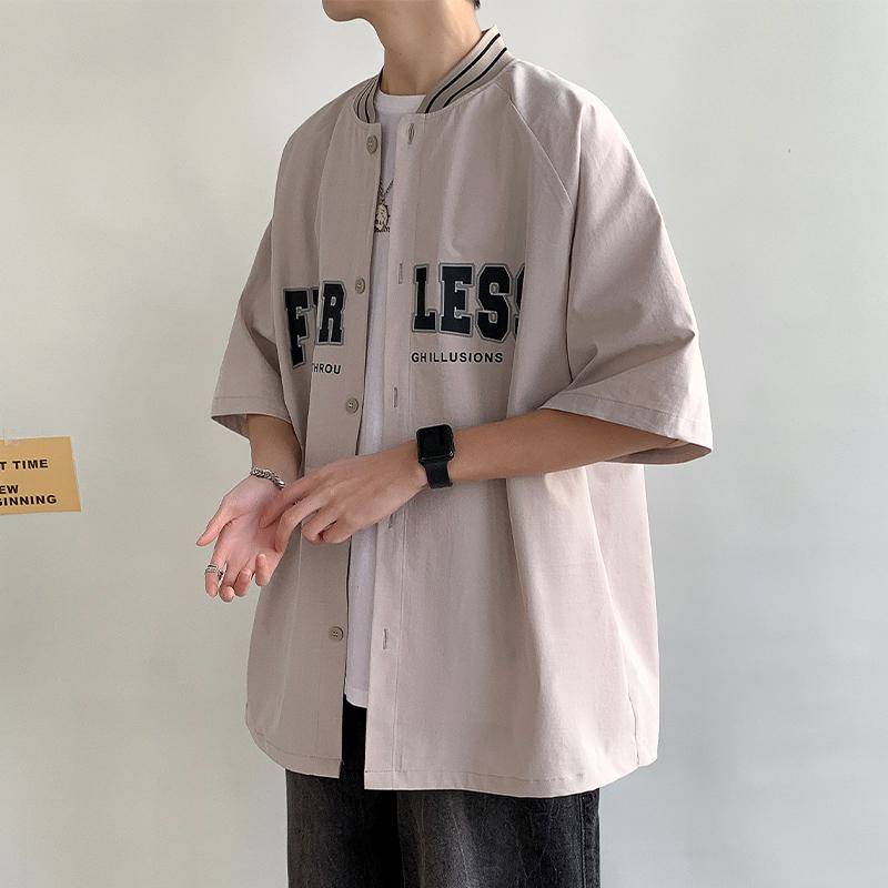 Trendy Print Baseball Collar Letter Short Sleeve Shirt