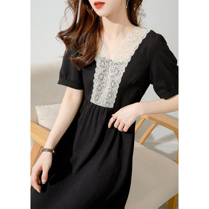 French Style Chic Cinched Waist Slimming V-Neck Anti-Aging Dress