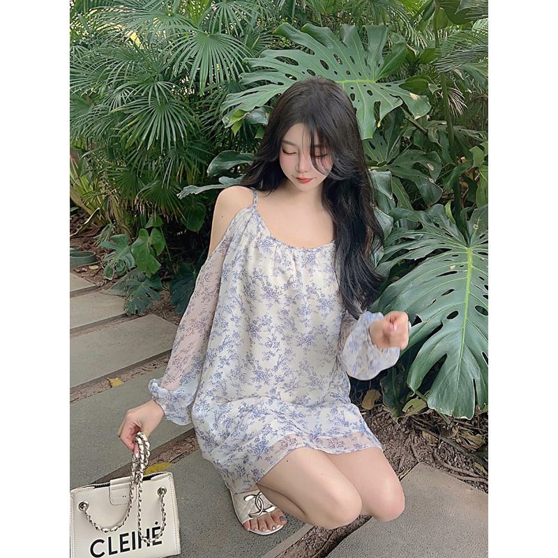 Off-Shoulder Sun Protection Floral Print Loose-Fit French Style Dress