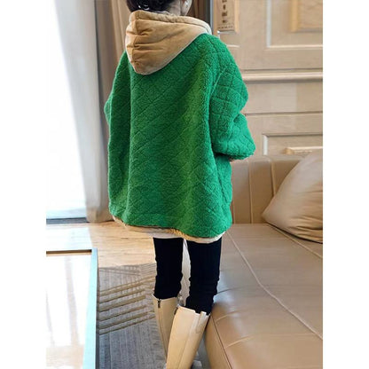 Abrigo de teddy con capucha de terciopelo de cordero verde mullido y engrosado