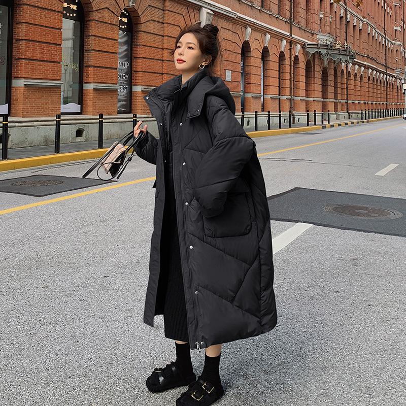 Loose Fit Full-Length Plus Thickened Hooded Puffer Jacket