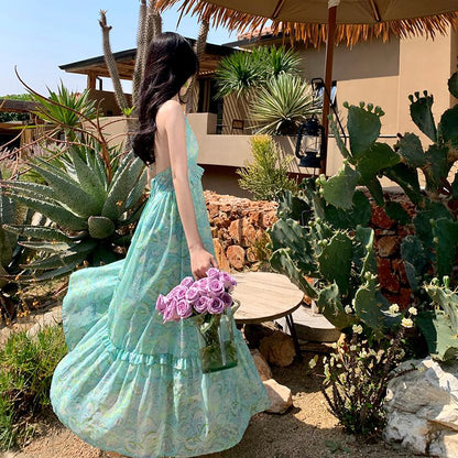 Strandfranzösischer Stil Cami Rückenfreies Retro-Kleid mit weitem Rockmuster