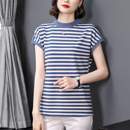 Anti-Aging Round Neck Loose Fit Stripe Short Sleeve Tee
