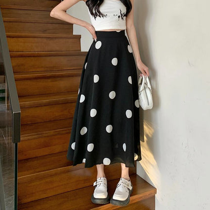 High-Waisted Chiffon Polka Dot Pocket Full Skirt Style Elastic Waist Skirt