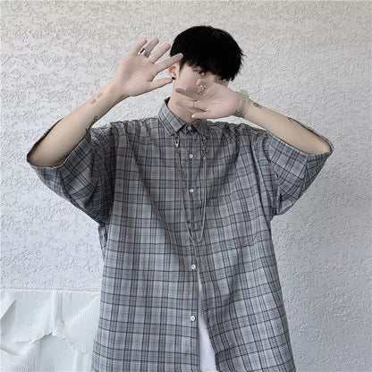 Plaid Trendy Artistic Fashion Standard Patchwork Versatile Short Sleeve Shirt