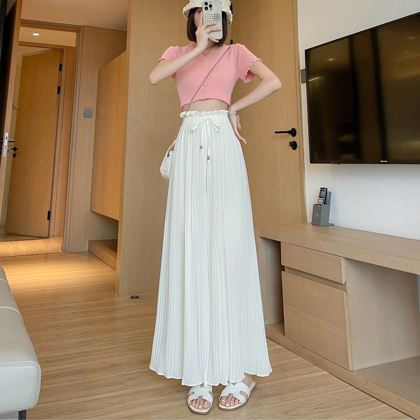 Pleated Chiffon Loose Fit High-Waisted Culottes Draping Pants