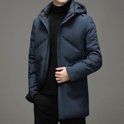 White Duck Down Hooded Thigh-Length Down Coat