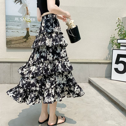 High-Waisted Patchwork Floral Print Versatile Layered Lace Midi Mesh Skirt