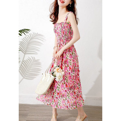 Pleated Vacation Niche Floral Print Multi-Layer Dress