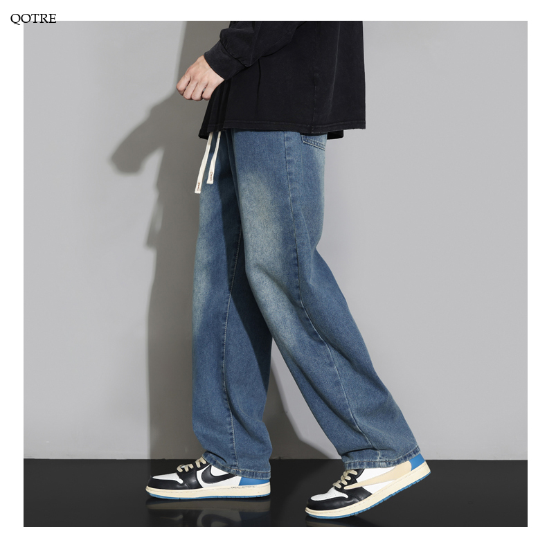 Retro Elastic Waist Loose Fit Drawstring Straight Jeans