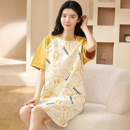 Tightly Woven Pure Cotton Cartoon Patchwork Round Neck Lounge Dress