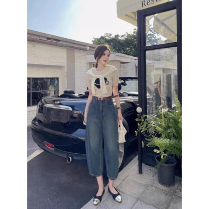 High-Waisted Banana-Shaped Worn-Out Look Loose-Fit Thickness Wide Leg Jeans