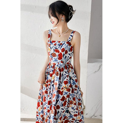 Ärmelloses Midi-Kleid aus Baumwolle mit Retro-Print und eckigem Ausschnitt