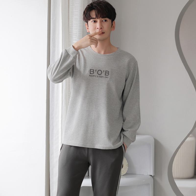 Tightly Woven Pure Cotton Letter Pullover Round Neck Gray Houndstooth Long Sleeve Lounge Set