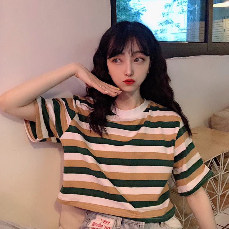 Women's T-Shirts Cropped Navel-Baring Stripe Short Sleeve Tee