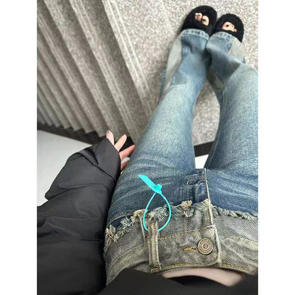 Slimming High-Waisted Slight Flare Color Blocking Patchwork Jeans