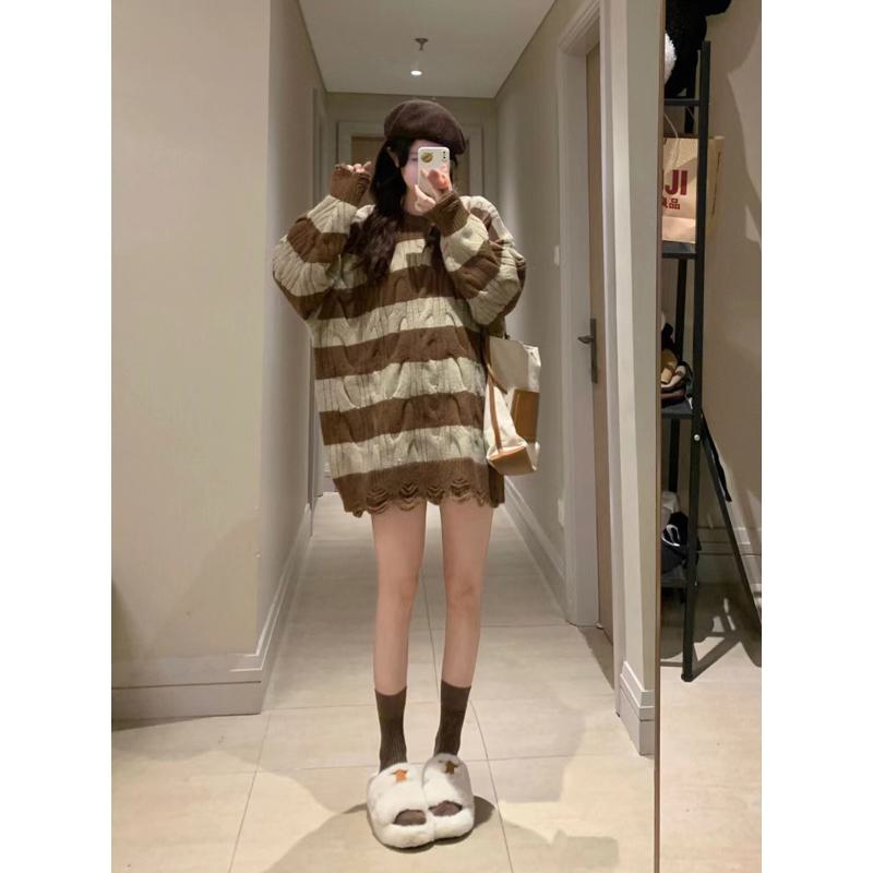 Stripe Retro Round Neck Color-Blocking Frayed Edge Knitted Loose-Fit Lazy Sweater