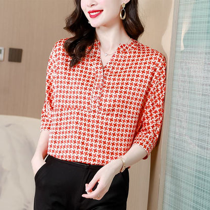 Floral Print Button Belly-Covering Plus Loose Fit Chiffon Chic Short Sleeve Tee