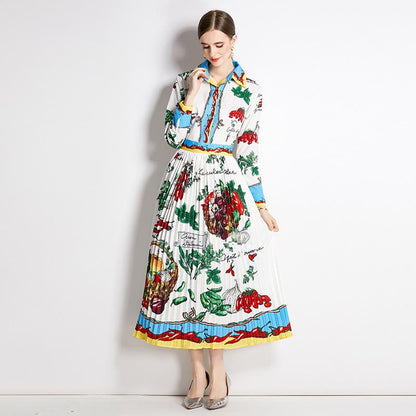 Robe longue de style rétro avec imprimé à blocs de couleurs et plissée.