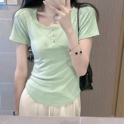 Button Square Collar Petite Cropped Tight-Fitting V-Neck Short Sleeve Tee