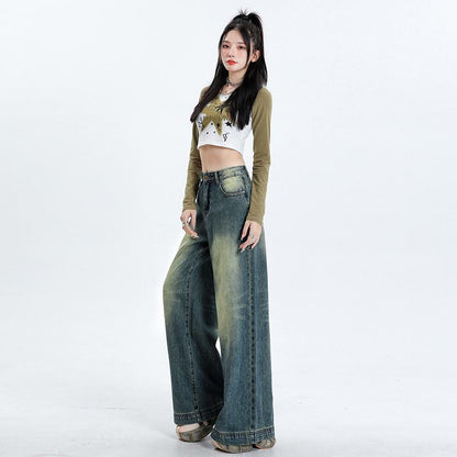 Floor-Length Retro Washed Straight Leg Jeans
